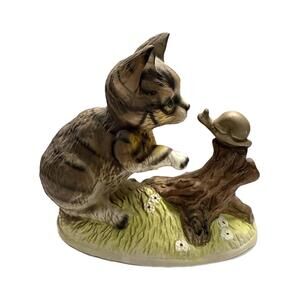 Vintage Artmark Cat & Snail on Stump Ceramic Figurine